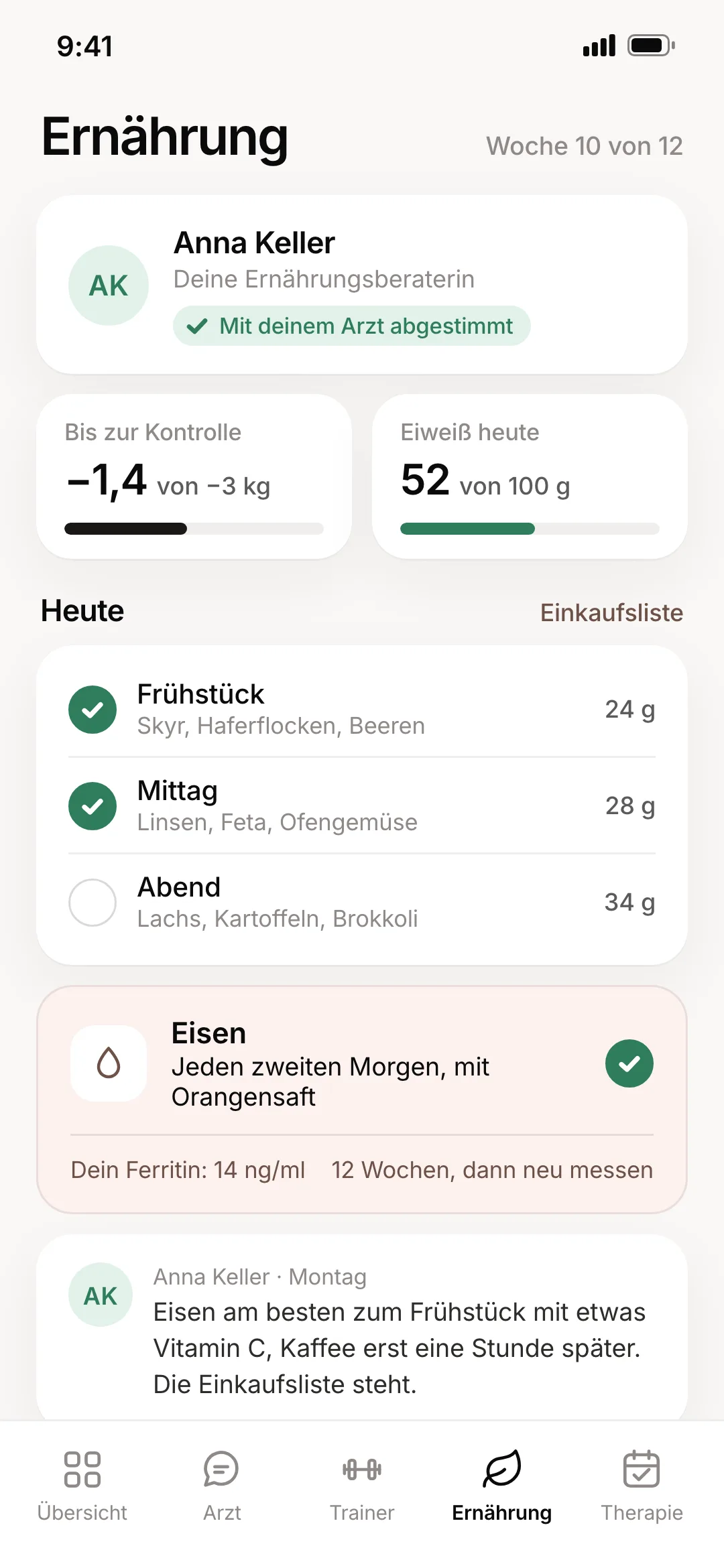 Charms-App, Ernährung: Mahlzeiten mit Eiweißziel und Eisen mit Menge und Dauer, weil der Wert niedrig war