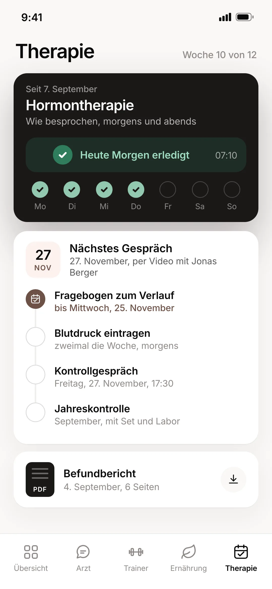 Charms-App, Therapie: die Hormontherapie am Morgen abgehakt, das Kontrollgespräch mit Fragebogen vorab und der Befundbericht